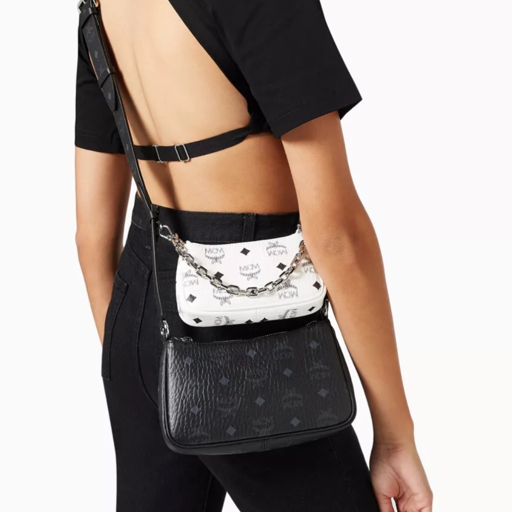 MCM Black and White Logo Double Crossbody Bag